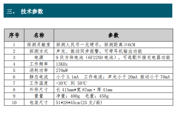 探測(cè)靈敏度 探測(cè)人民幣一元硬幣，探測(cè)距離≥6CM 2 探測(cè)方式 聲光、振動(dòng)同步報(bào)警，可帶耳機(jī)輸出功能 3 電源 9 伏方塊電池（6F22ND 電池），可選配外接充電器功能 4 工作頻率 13KHz 5 消耗功率 270mW 6 靜態(tài)電流 小于 5.1mA 工作電流：聲光小于 20mA 振動(dòng)小于 70mA 7 工作溫度 -30℃ 到 50℃ 8 外形尺寸 長 415mm*寬 87mm·厚 41mm 9 重量 凈重：400g 毛重：450g 10 包裝尺寸 51*28*45cm(25 支/箱)